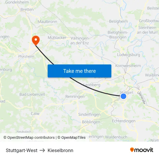 Stuttgart-West to Kieselbronn map