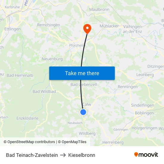 Bad Teinach-Zavelstein to Kieselbronn map
