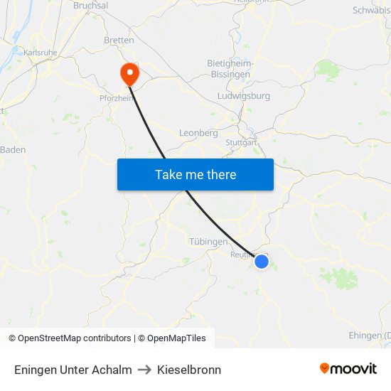 Eningen Unter Achalm to Kieselbronn map