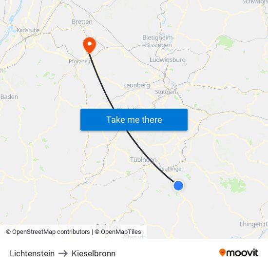 Lichtenstein to Kieselbronn map