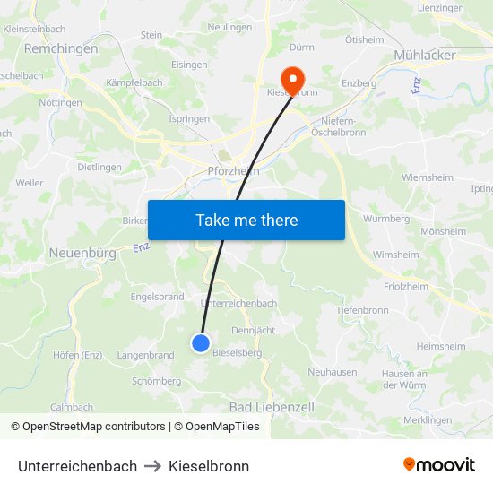 Unterreichenbach to Kieselbronn map