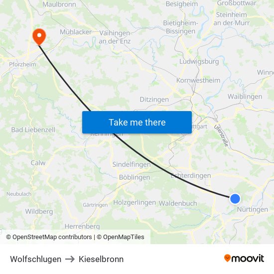 Wolfschlugen to Kieselbronn map