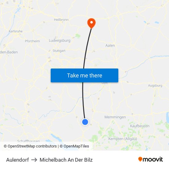 Aulendorf to Michelbach An Der Bilz map