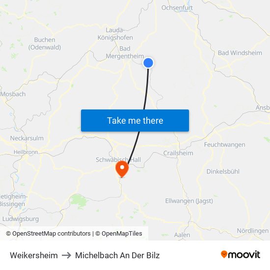 Weikersheim to Michelbach An Der Bilz map