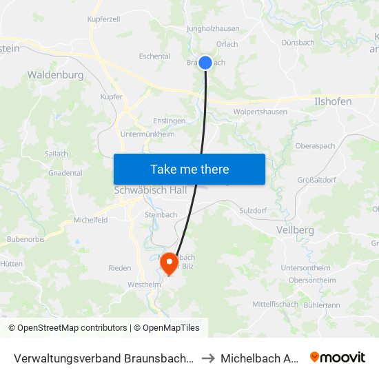 Verwaltungsverband Braunsbach-Untermünkheim to Michelbach An Der Bilz map