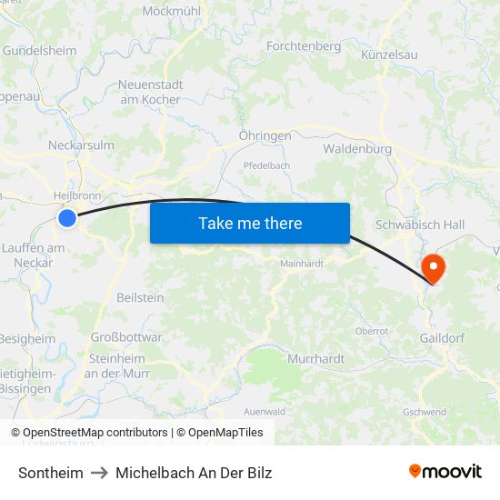 Sontheim to Michelbach An Der Bilz map