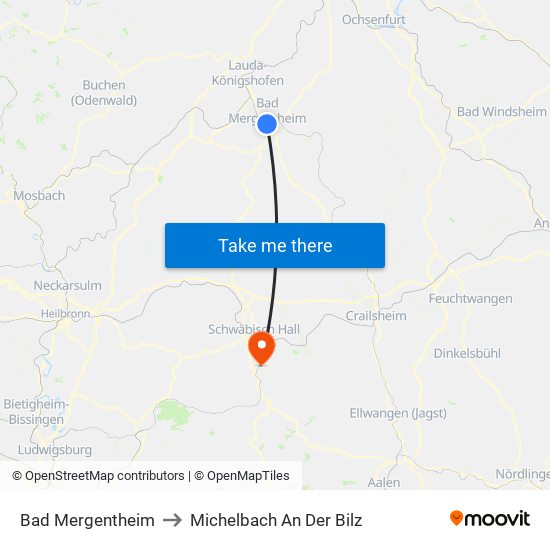 Bad Mergentheim to Michelbach An Der Bilz map