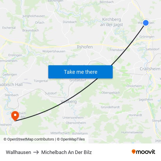 Wallhausen to Michelbach An Der Bilz map