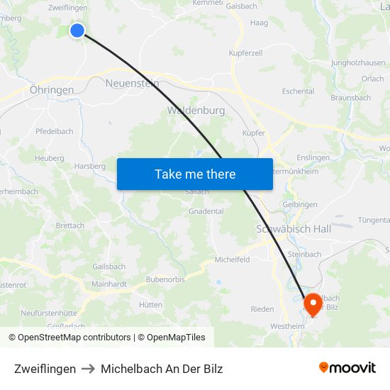 Zweiflingen to Michelbach An Der Bilz map