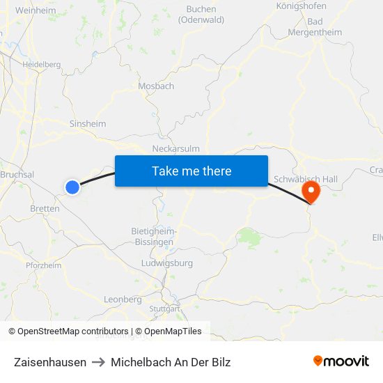 Zaisenhausen to Michelbach An Der Bilz map