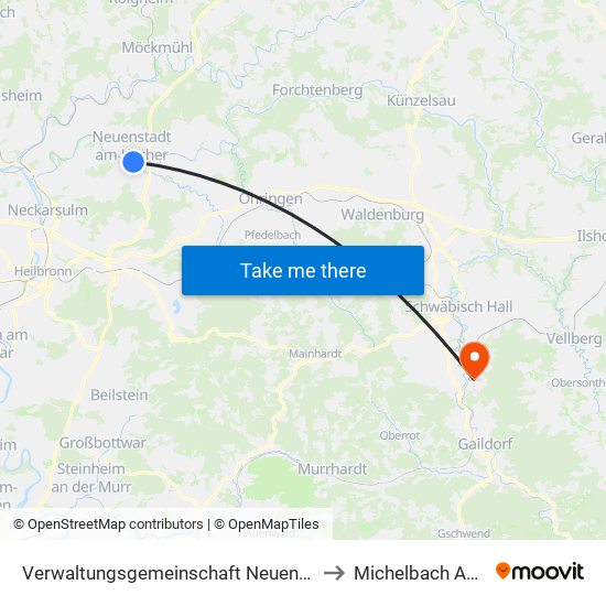Verwaltungsgemeinschaft Neuenstadt am Kocher to Michelbach An Der Bilz map