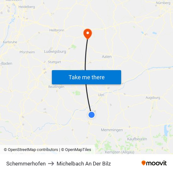 Schemmerhofen to Michelbach An Der Bilz map