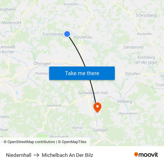 Niedernhall to Michelbach An Der Bilz map