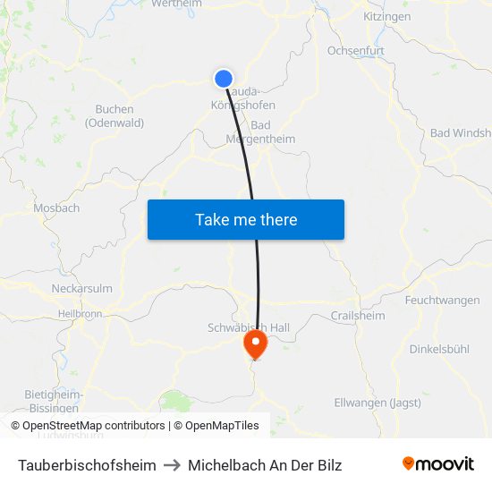 Tauberbischofsheim to Michelbach An Der Bilz map