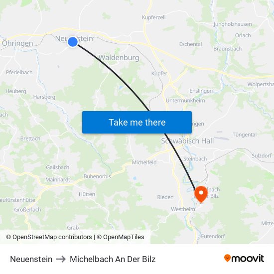 Neuenstein to Michelbach An Der Bilz map