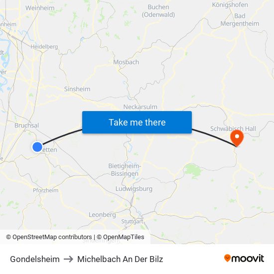 Gondelsheim to Michelbach An Der Bilz map