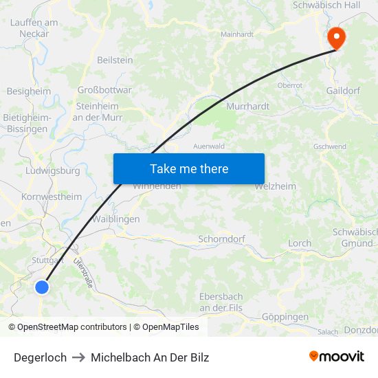 Degerloch to Michelbach An Der Bilz map