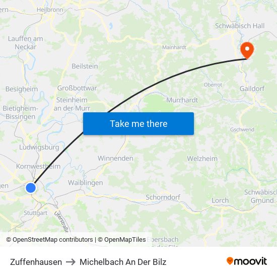 Zuffenhausen to Michelbach An Der Bilz map