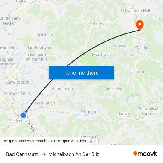 Bad Cannstatt to Michelbach An Der Bilz map