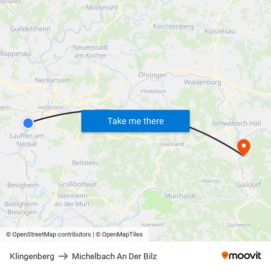 Klingenberg to Michelbach An Der Bilz map