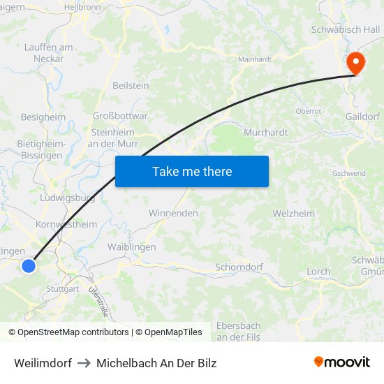 Weilimdorf to Michelbach An Der Bilz map