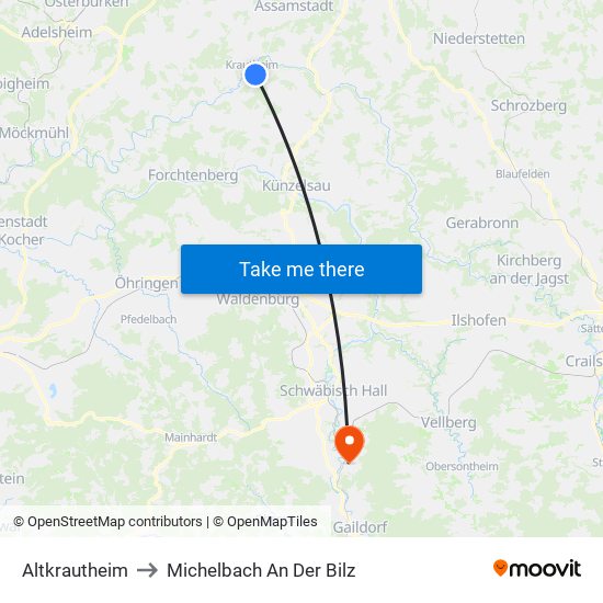 Altkrautheim to Michelbach An Der Bilz map