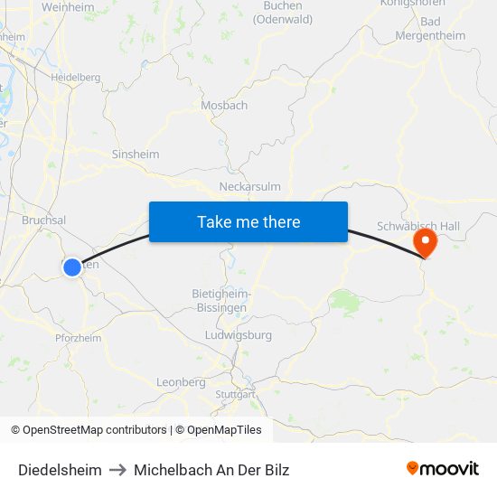 Diedelsheim to Michelbach An Der Bilz map