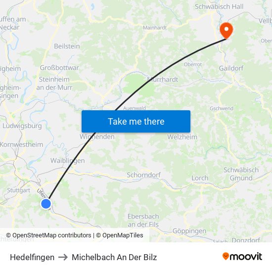 Hedelfingen to Michelbach An Der Bilz map