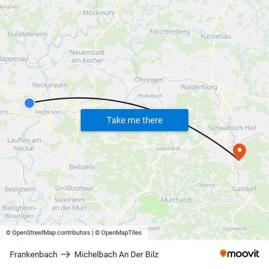 Frankenbach to Michelbach An Der Bilz map