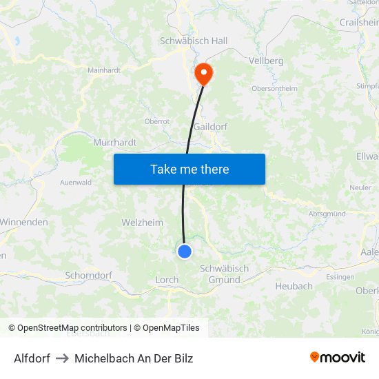 Alfdorf to Michelbach An Der Bilz map