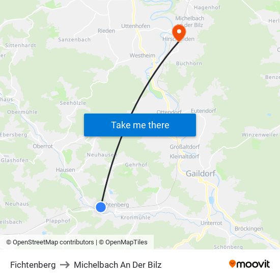 Fichtenberg to Michelbach An Der Bilz map