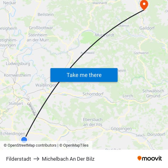 Filderstadt to Michelbach An Der Bilz map