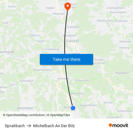 Spraitbach to Michelbach An Der Bilz map