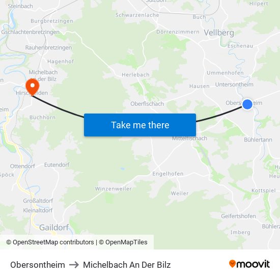 Obersontheim to Michelbach An Der Bilz map