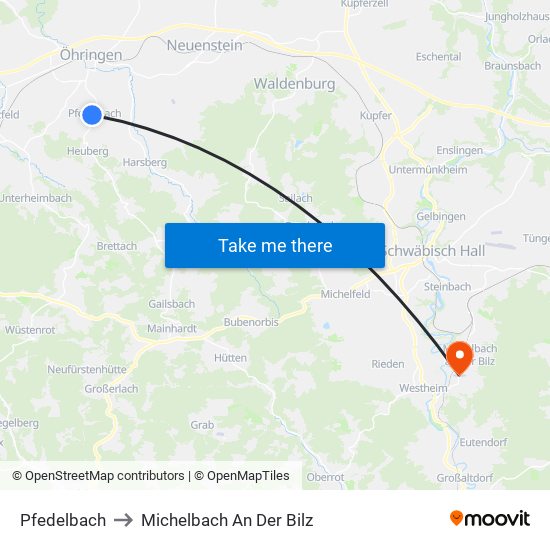 Pfedelbach to Michelbach An Der Bilz map