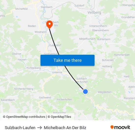 Sulzbach-Laufen to Michelbach An Der Bilz map