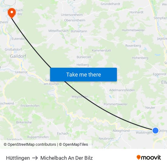 Hüttlingen to Michelbach An Der Bilz map