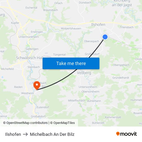 Ilshofen to Michelbach An Der Bilz map