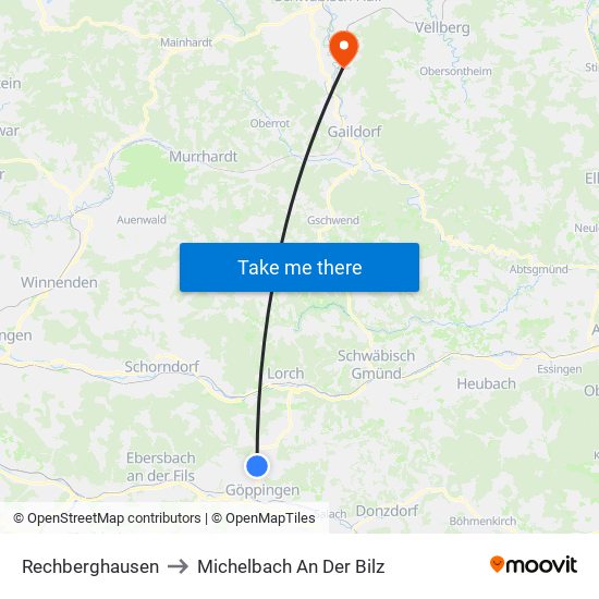Rechberghausen to Michelbach An Der Bilz map