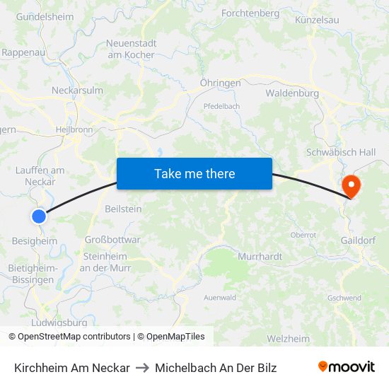 Kirchheim Am Neckar to Michelbach An Der Bilz map