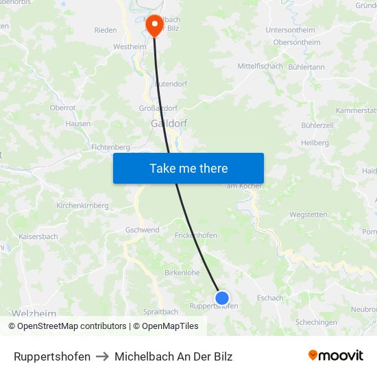 Ruppertshofen to Michelbach An Der Bilz map