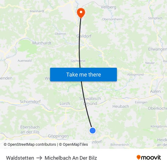Waldstetten to Michelbach An Der Bilz map
