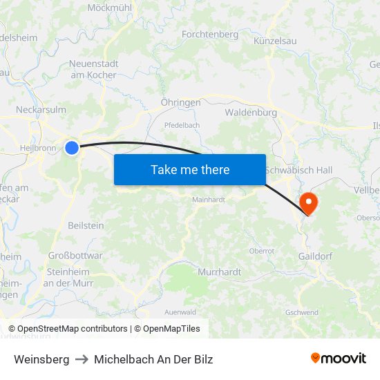 Weinsberg to Michelbach An Der Bilz map
