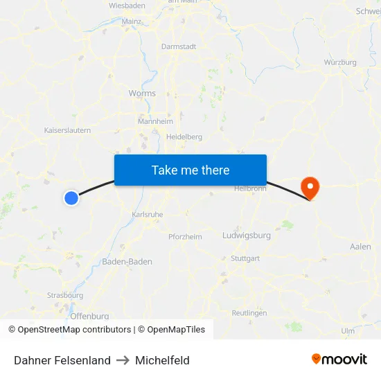 Dahner Felsenland to Michelfeld map