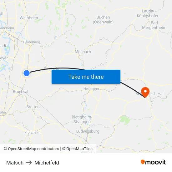 Malsch to Michelfeld map
