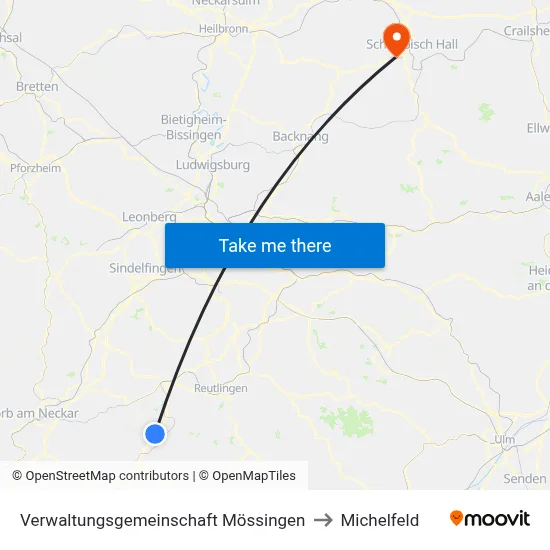 Verwaltungsgemeinschaft Mössingen to Michelfeld map