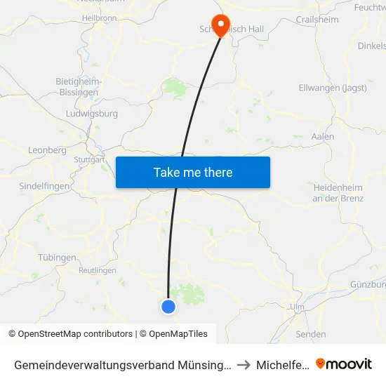 Gemeindeverwaltungsverband Münsingen to Michelfeld map