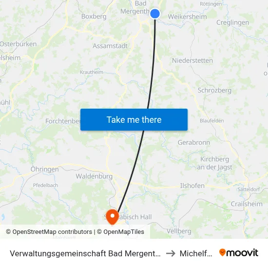 Verwaltungsgemeinschaft Bad Mergentheim to Michelfeld map