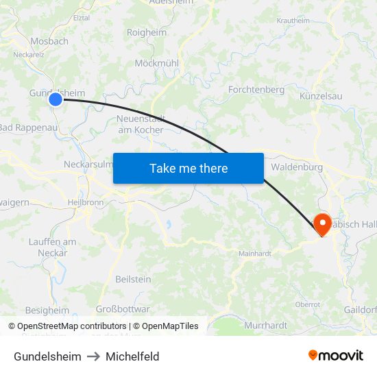 Gundelsheim to Michelfeld map