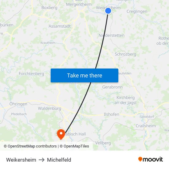 Weikersheim to Michelfeld map